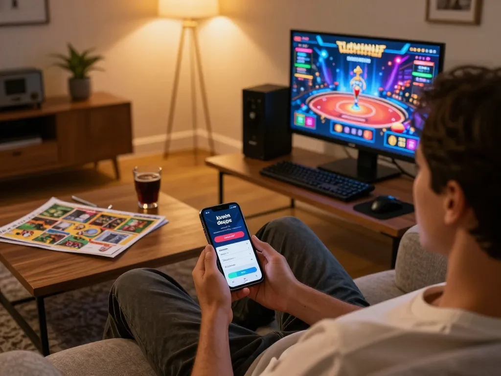 Kuwin đăng nhập UI shown on smartphone within a cozy gaming setup at home, highlighting comfortable online casino experience.