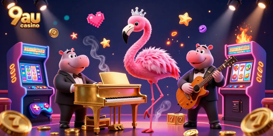 Experience the thrill at 9au casino with vibrant scenes of animated characters and slot reels.