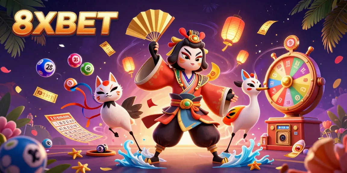 Engage with 8XBET's vibrant casino world featuring colorful lottery elements and dynamic characters.
