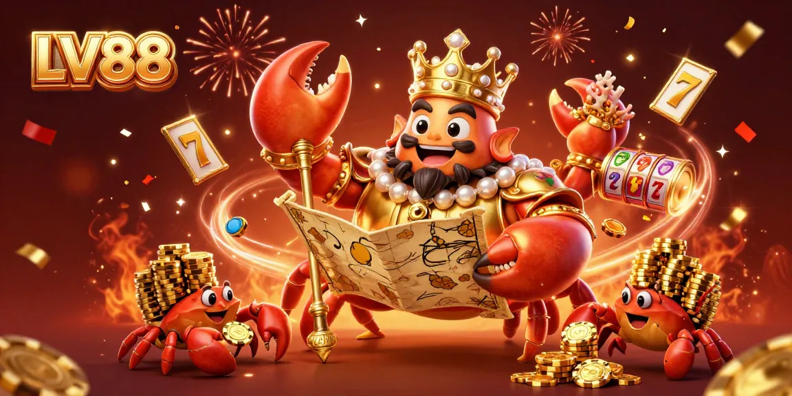Win big with LV88's dynamic casino elements featuring a majestic golden crab emperor.