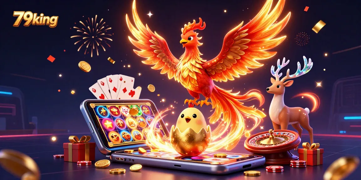 Experience thrilling wins with 79king and vibrant slot games in a festive casino scene.