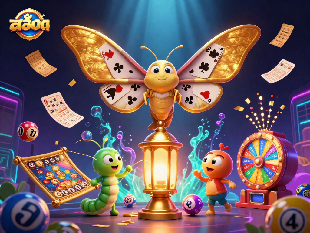 Experience thrilling สล็อต action with a vibrant 3D moth and casino games in a dynamic scene.