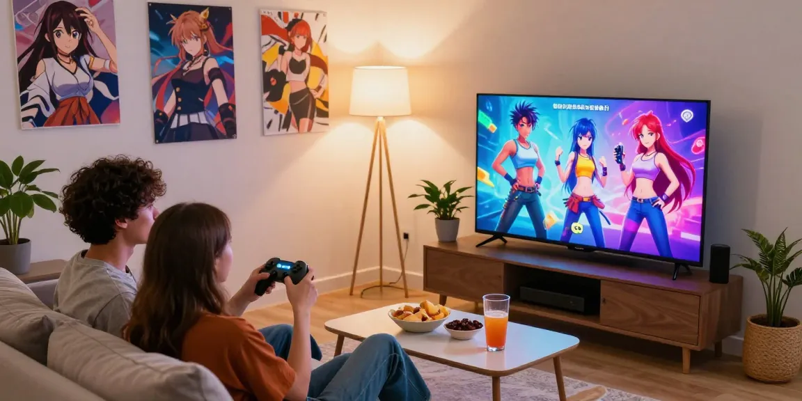Couple enjoying free hentai games on a large TV in a cozy living room with casual decor.
