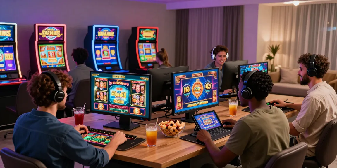 Giocatori di Casinò non AAMS che si godono un'esperienza di gioco online vivace con schermi colorati e snack in un accogliente ambiente domestico.