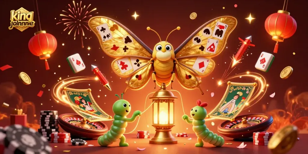 Play blackjack with kingjohnnie in a vibrant, animated casino scene featuring golden moths and gaming elements.