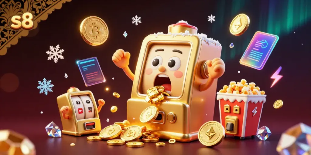 Experience a thrilling jackpot at S8 with animated slot machines celebrating wins among vibrant cryptocurrency elements.