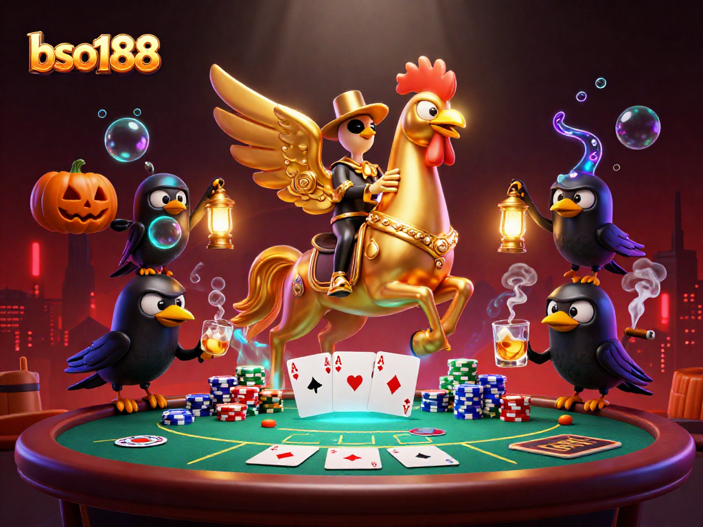 Experience the thrill of bso188 with a dazzling casino scene featuring a golden rooster and companions.