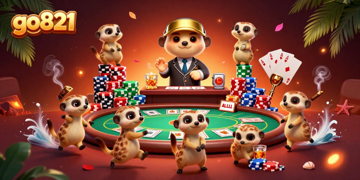 Experience thrilling gameplay with go821, showcasing a lively meerkat casino scene filled with poker action.