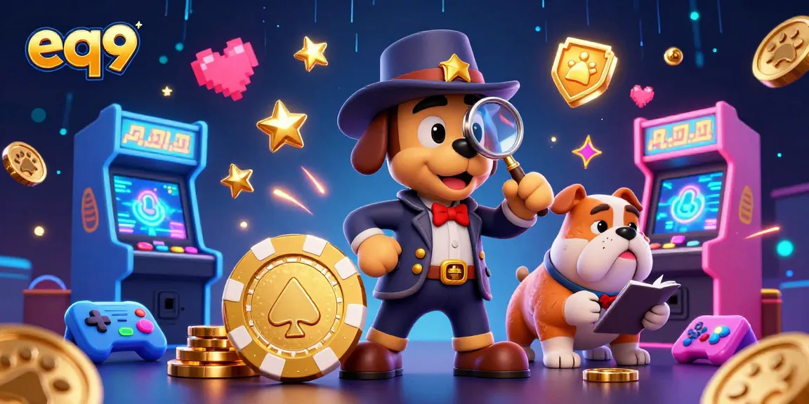 Experience thrill at eq9 with a cartoon detective and friends discovering golden poker chip clues.