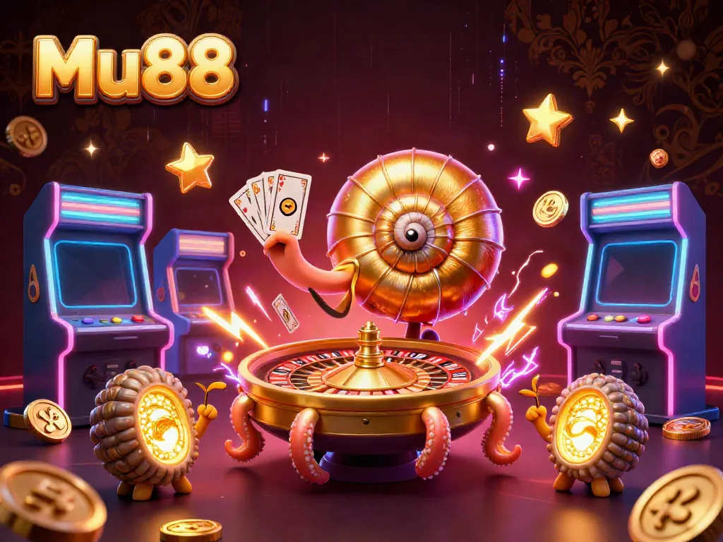 Join the excitement at Mu88 with a vibrant 3D casino-themed illustration featuring a giant nautilus and glowing game elements.