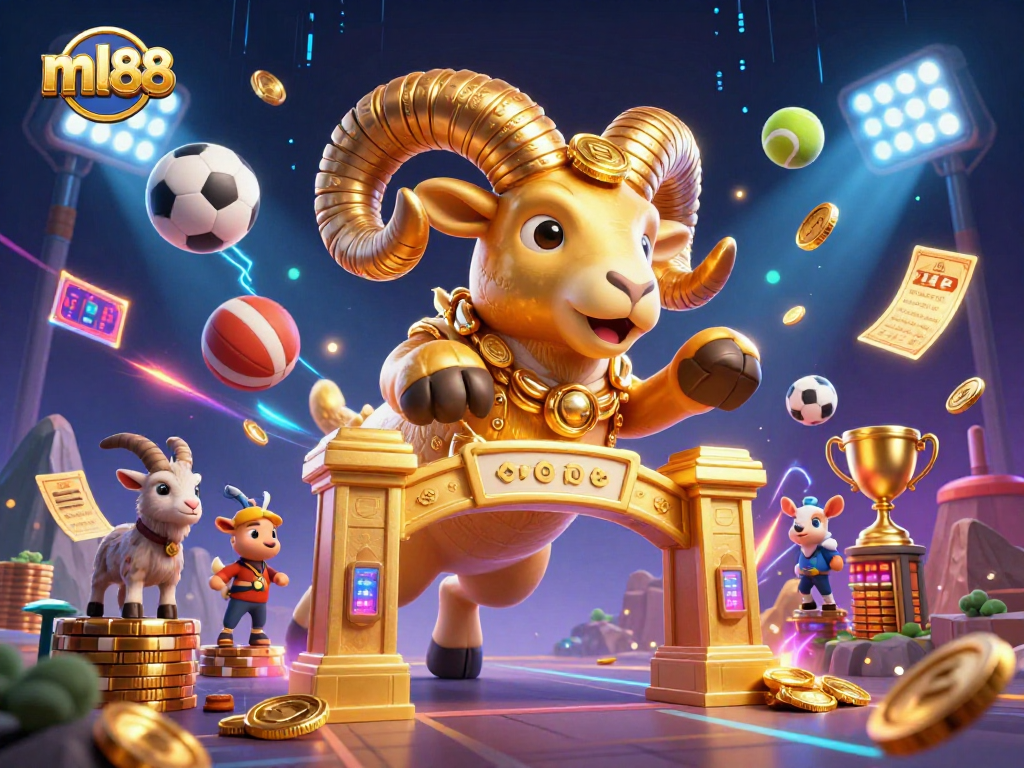 Win big at ml88 with a vibrant scene showing a golden ram charging through a casino gate.