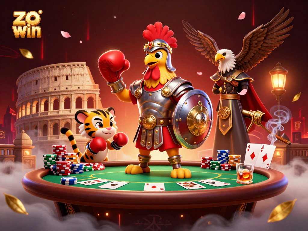 Experience thrilling moments at zo win's casino with a vibrant illustration of epic characters and poker action.