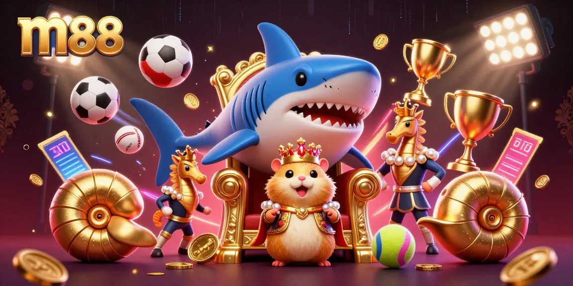 m88 showcases an electrifying online casino scene with vibrant gaming elements and royal characters.