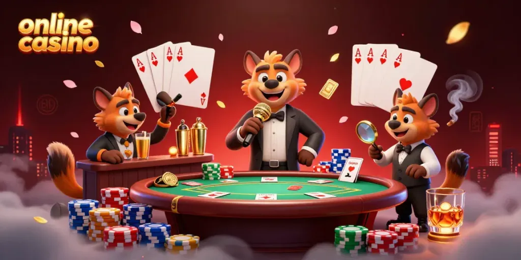 Engage in the vibrant atmosphere of an online casino with animated hyenas in a comedic scene.