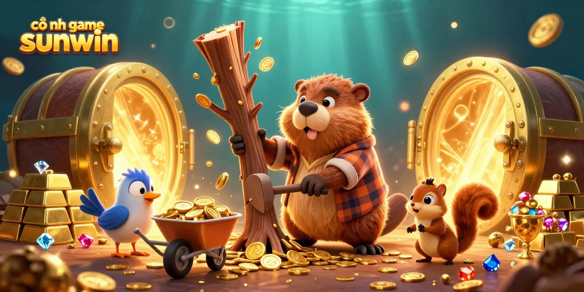 cổng game sunwin features whimsical characters collecting coins in a vibrant casino-themed illustration