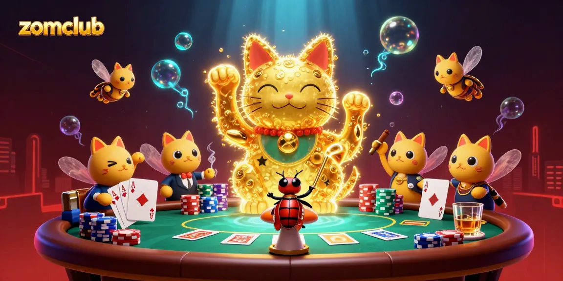 Play and win with Zomclub's captivating casino experience featuring a golden lucky cat.