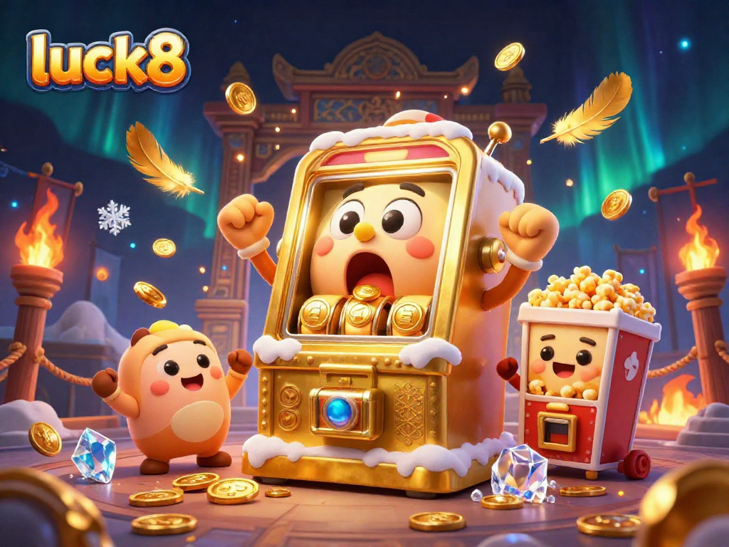 Spin luck8's golden jackpot as excited slot machines pour coins in a vibrant 3D casino scene.