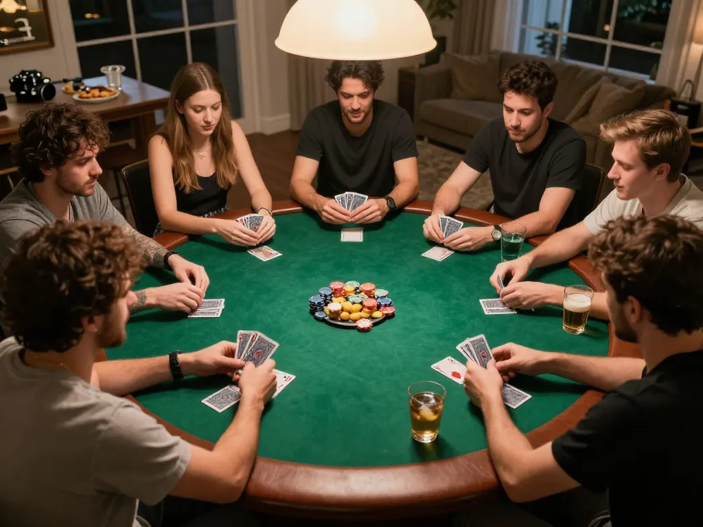 Pemain rokok88 menikmati malam permainan poker strategis di rumah dengan kartu dan chip yang terlihat berwarna-warni