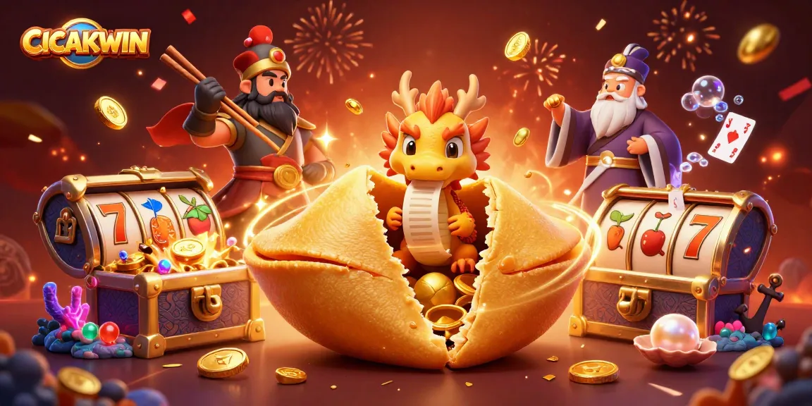 CICAKWIN presents a dynamic scene of digital gambling with a fortune cookie, lucky 7s, and gold.