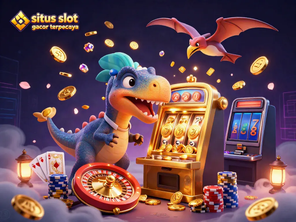 Citing slot excitement, a pachycephalosaurus interacts with a golden machine while coins fly, showcasing situs slot gacor terpercaya.