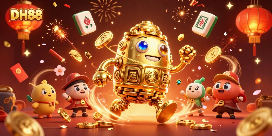 Experience the thrilling games at DH88 with the golden golem surrounded by vibrant casino symbols.