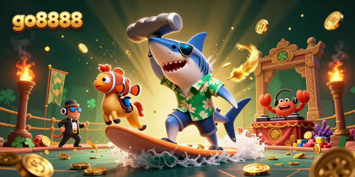 Experience the excitement of go8888 gaming with a shark surfing on gold coins in this vibrant illustration.