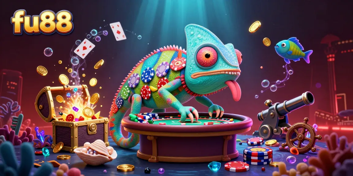 fu88 chameleon casino owner watches over vibrant game scene filled with treasures and excitement