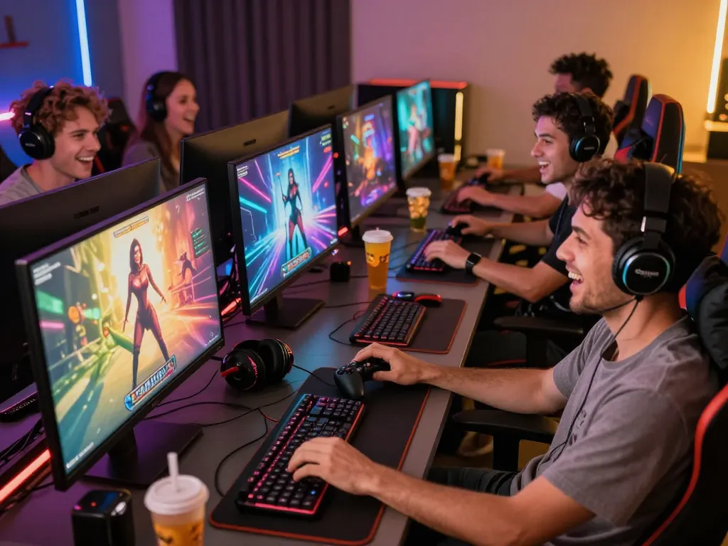 Dynamic gaming scene showcasing adults enjoying game sex on colorful screens, highlighting immersive adult experiences.