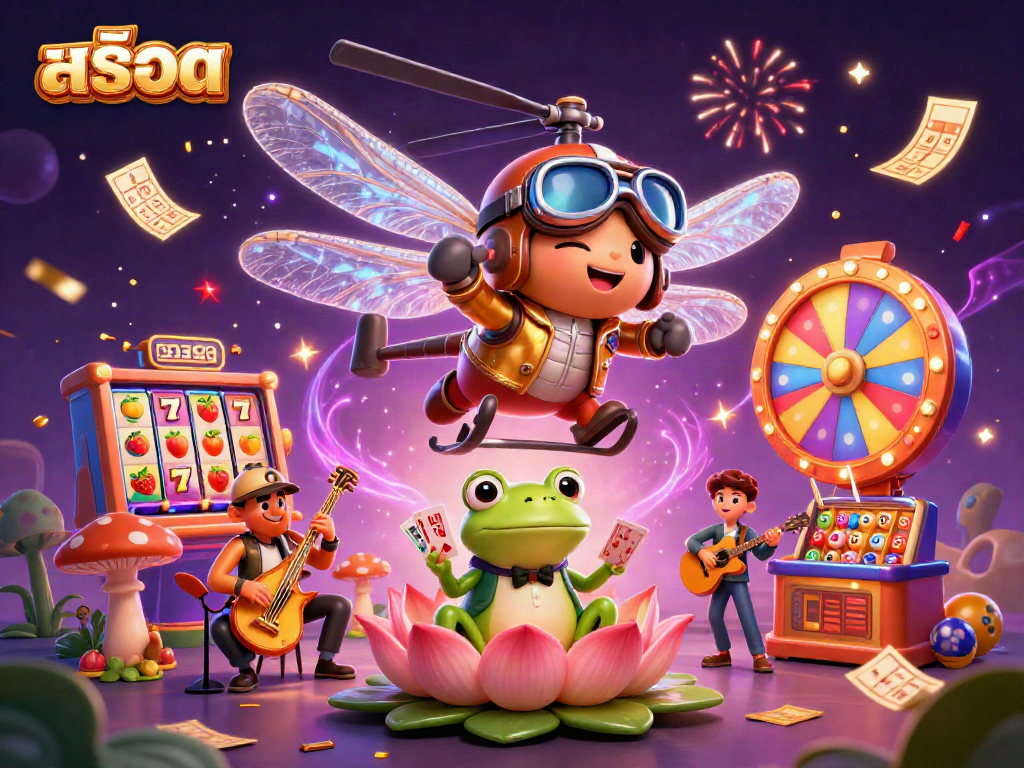 Engage in exciting สล็อต games with a vibrant dragonfly pilot and frog dealer amidst dynamic slot scenes.