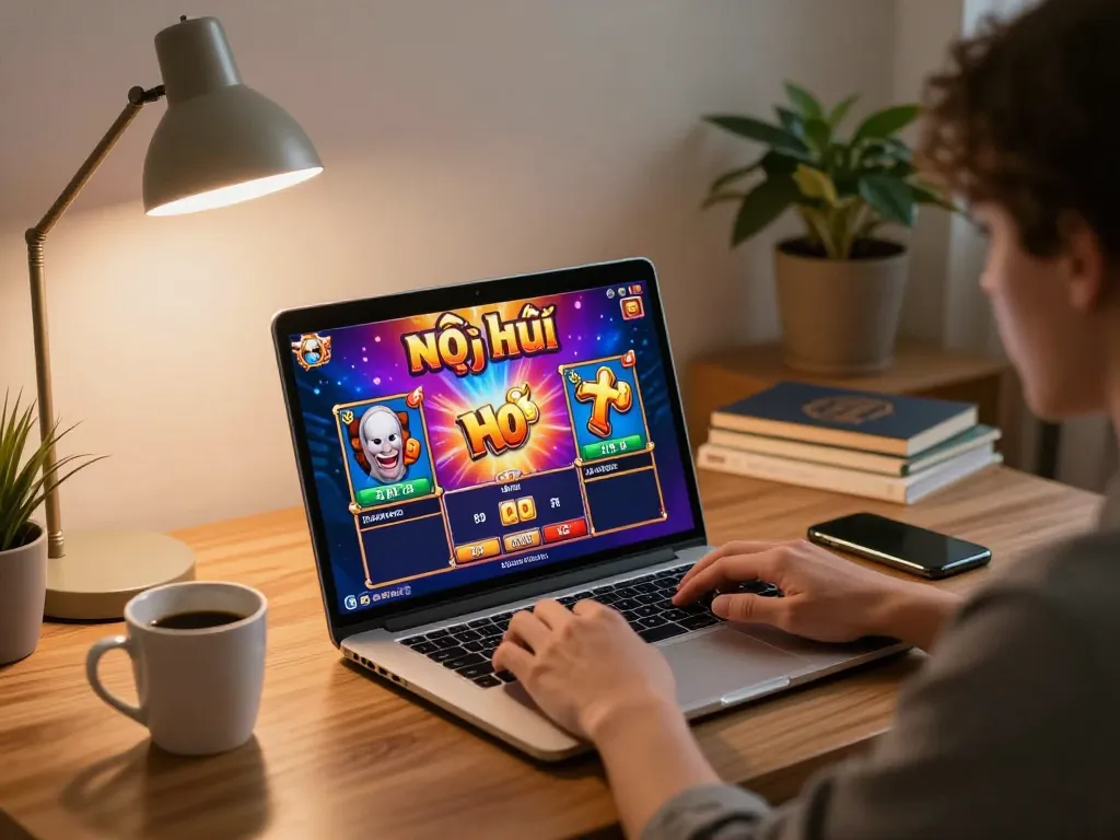 Engaged player enjoying game nổ hũ on laptop in cozy home setting, conveying excitement and strategy.