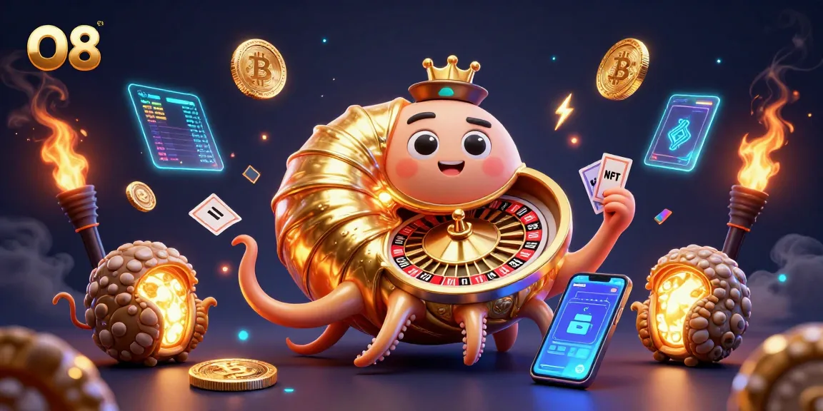 O8 players gather around a giant nautilus roulette wheel, enjoying vibrant crypto elements.