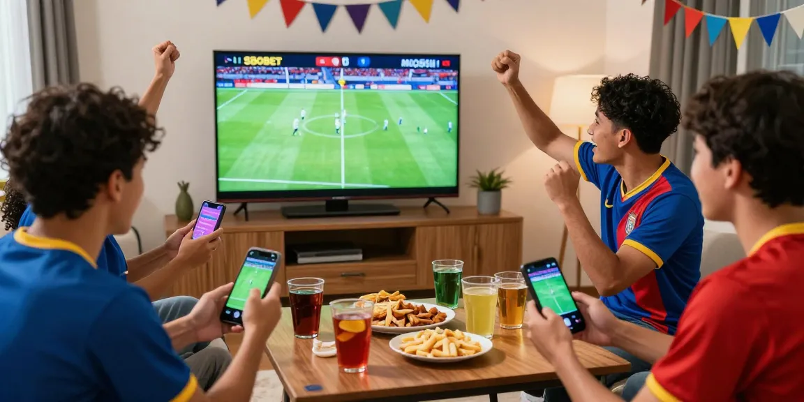 SBOBET Malaysia football betting scene with friends celebrating a win at home.