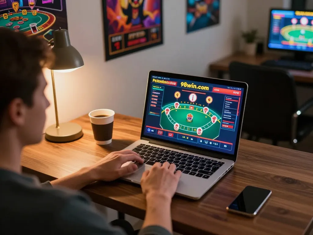 Engaging in blackjack gameplay on 98win. com at a cozy home gaming setup.