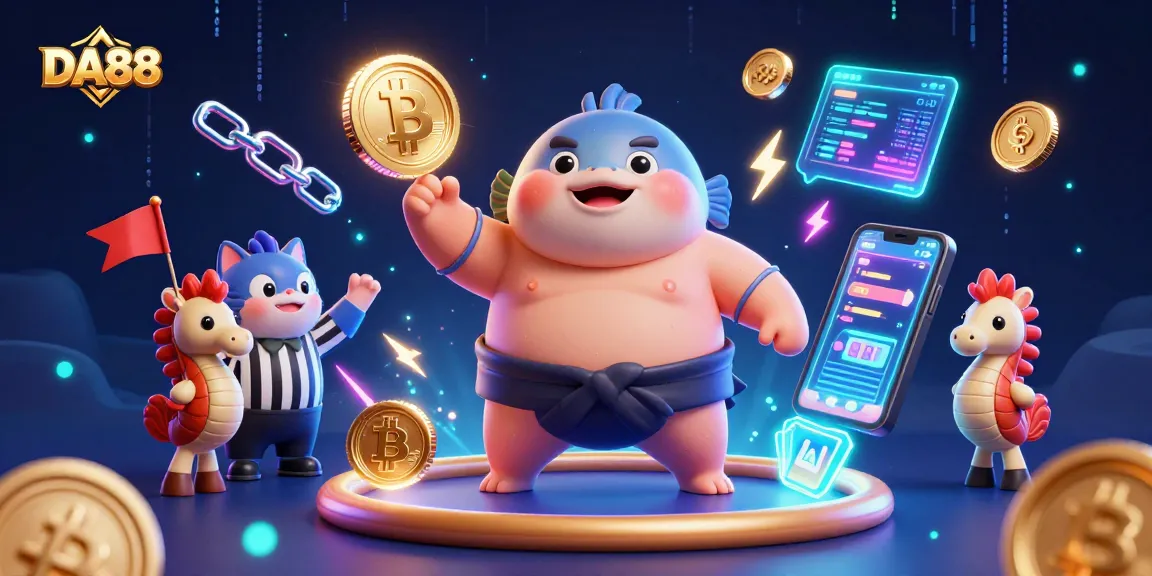 Engage with DA88’s thrilling casino experience, featuring vibrant characters and crypto-themed elements.
