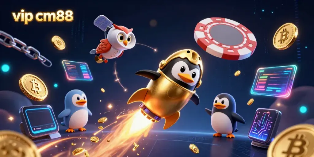 Experience the thrill of the vip cm88 casino world with a vibrant penguin character and crypto elements in space.