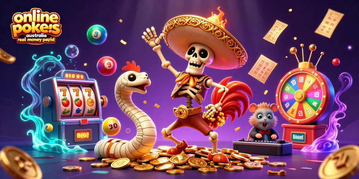 Experience online pokies Australia real money PayID with vibrant characters dancing on a treasure pile.