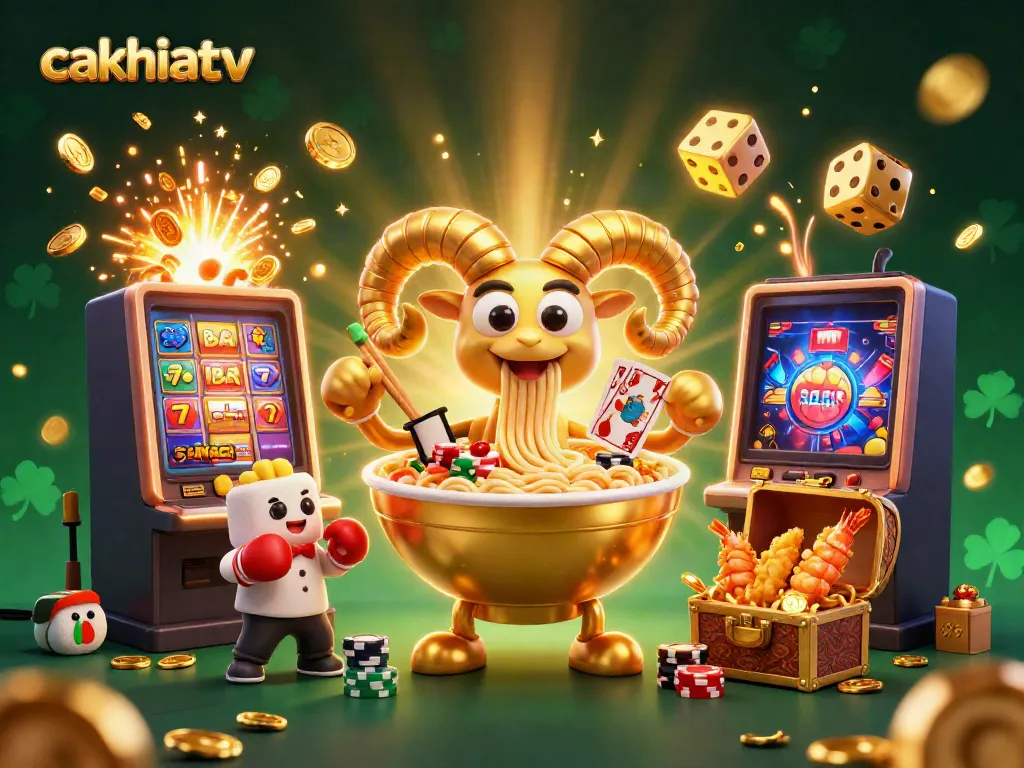 Cakhiatv showcases a vibrant 3D cartoon scene with a giant ramen bowl dealer surrounded by casino elements.