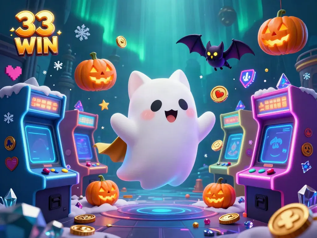 Engage in thrilling gameplay at 33 WIN with a ghost cat, bat companion, and glowing jukebox in a vibrant casino scene.