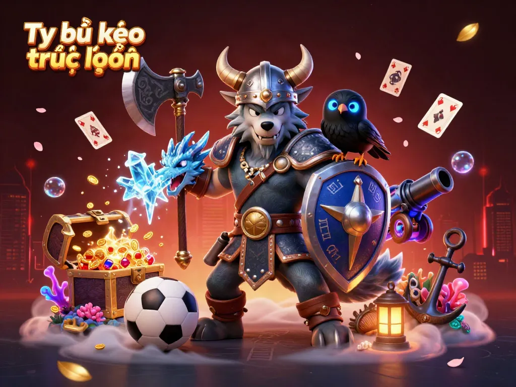 Engage with Tỷ lệ kèo trực tuyến featuring a Viking wolf warrior and a dragon in a dynamic sports betting scene.