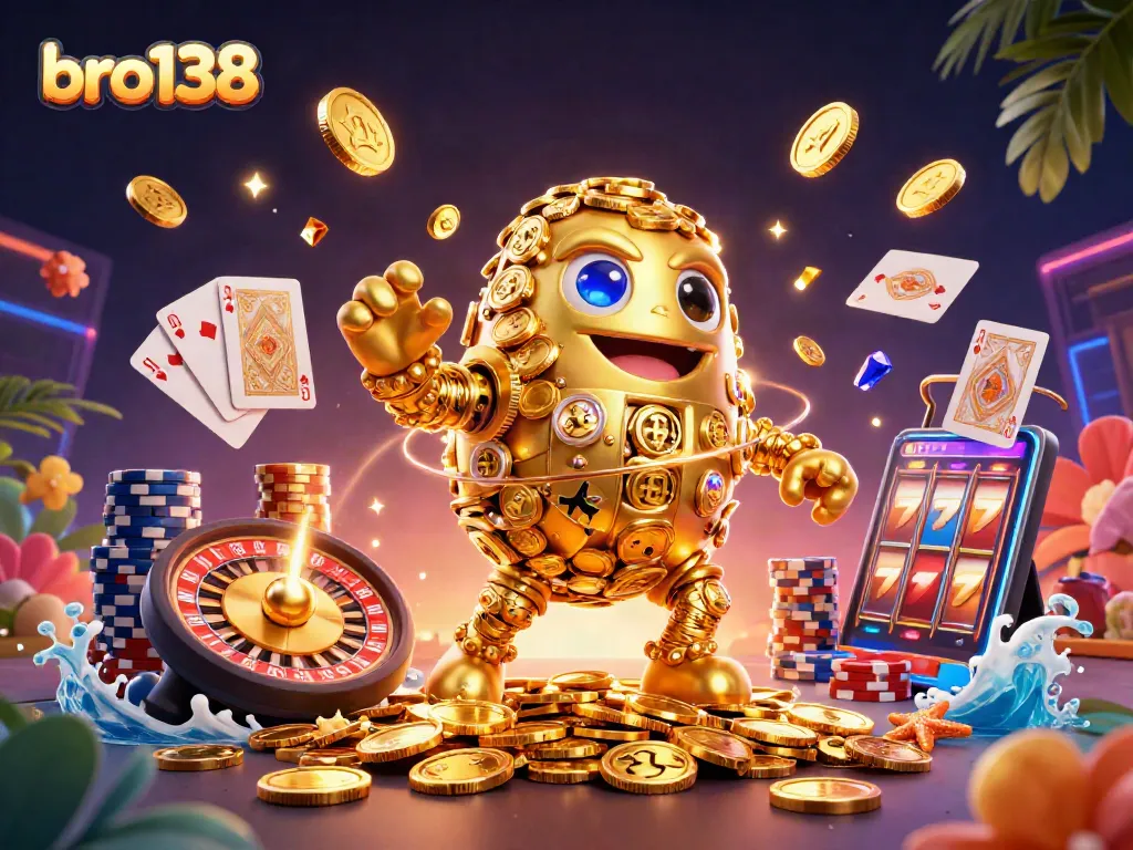 Experience thrilling wins with bro138's golden golem in a vibrant casino scene.