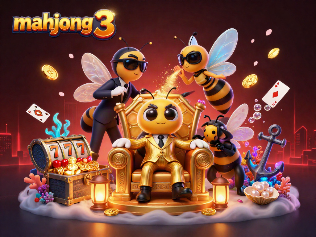 Engage in mahjong 3 with a vibrant casino scene featuring animated characters and slot machines.