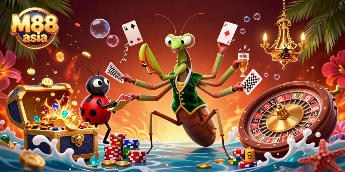 Experience excitement at M88 asia with a playful casino scene featuring animated characters and vibrant game elements.