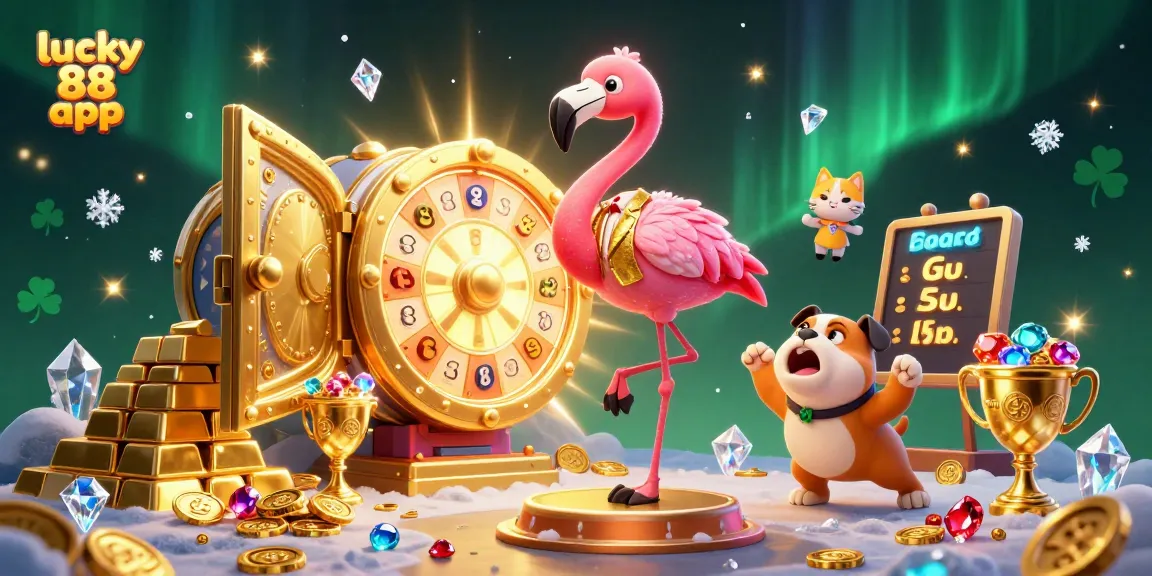 Spin the giant prize wheel with the lucky 88 app characters, revealing thrilling casino riches!