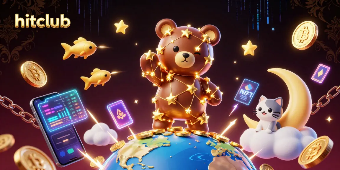 Hitclub showcases winning strategies with a cosmic bear and crypto coins in a vibrant casino scene.