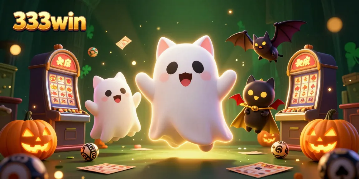 Win big with 333win in this vibrant scene featuring a friendly ghost cat and festive gaming elements.