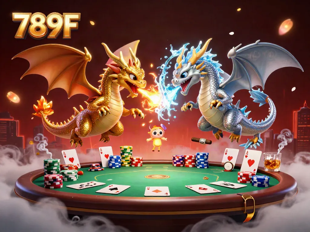 Engage with exciting gaming at 789F with dynamic dragons and poker elements in an immersive casino scene.