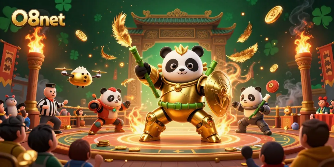 Engage with O8net's thrilling casino experience featuring a golden panda in a mech-suit and vibrant game elements.