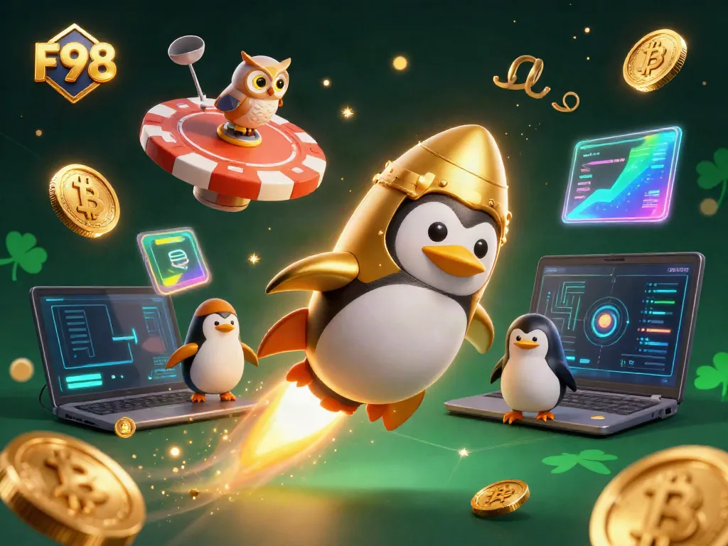 Experience the excitement of F98 as a golden penguin soars towards a casino in space.