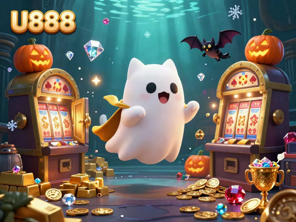 Engage with U888's vibrant casino world featuring a ghost cat and treasure elements.