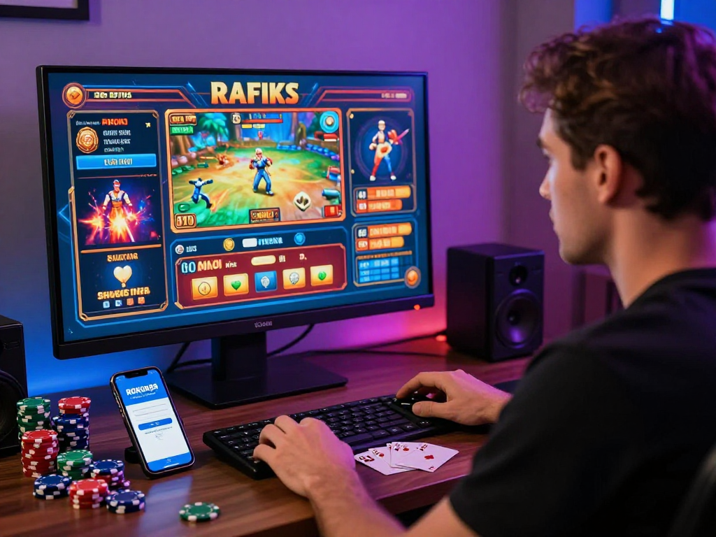 Adult male using rokok88 login on a desktop, surrounded by casino games and gaming paraphernalia.